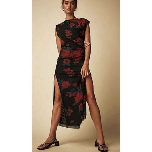 Free People Dresses & Skirts - Free People Carmel Dark Floral Mesh Bodycon Midi Dress Sz L Romantic Whimsy
